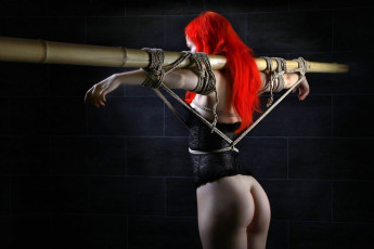 Model Deadlydoll tied to bamboo tube - Fine Art of Bondage - Art Photo Book